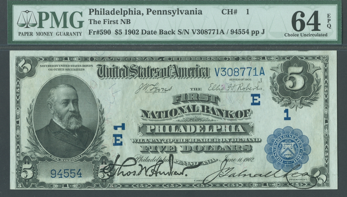 NEW - Philadelphia, PA, Charter #1, 1902DB $5, Very Choice CU, PMG64-EPQ